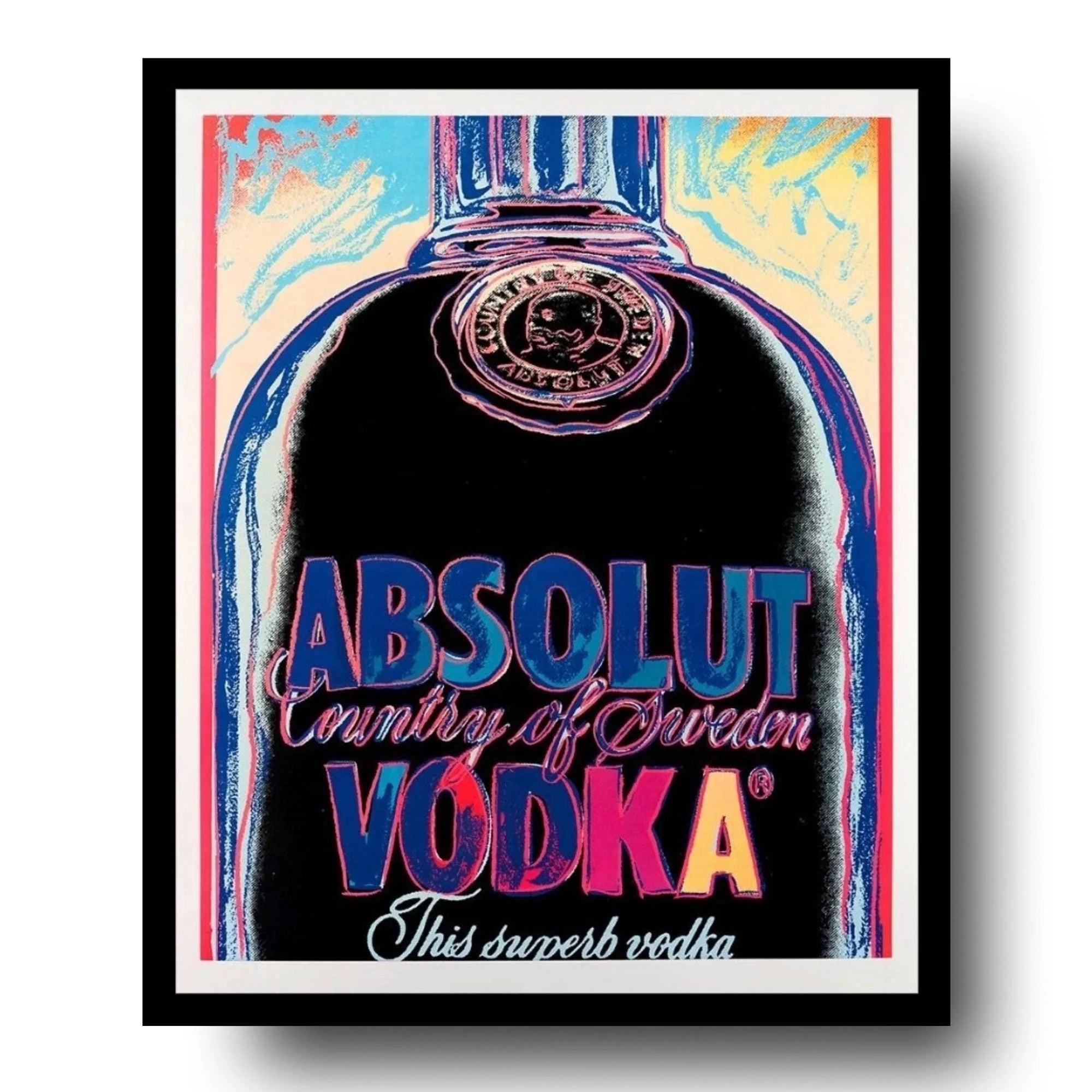 Framed poster of an Absolut Vodka bottle with colorful design